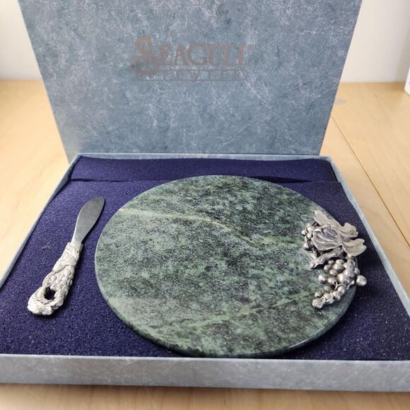 Seagull Pewter Grapes & Green Marble Cheese Board Charcuterie Set 8" Round Vtg - Picture 1 of 10